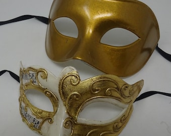 Musical Script Ivory and Gold His and Hers Couples Pair of Masquerade Masks