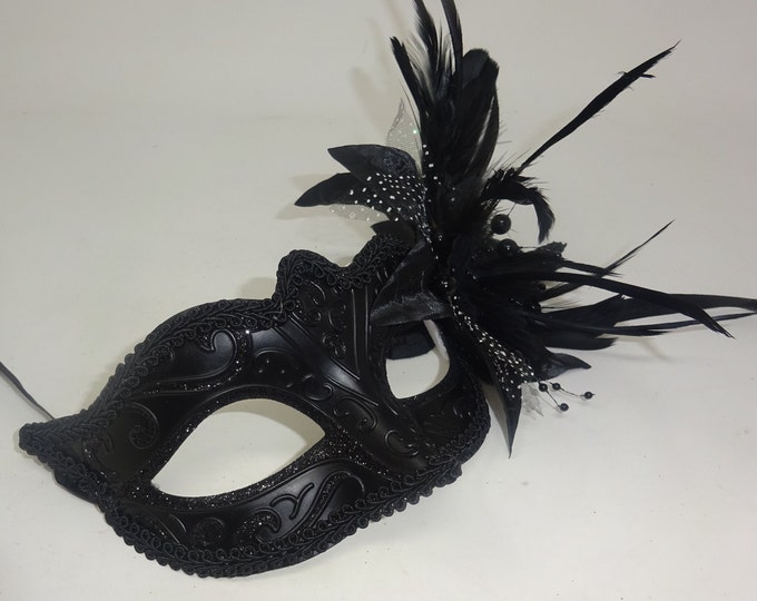 Ladies Black Masquerade Mask with Flower Pearls and Feather Detail