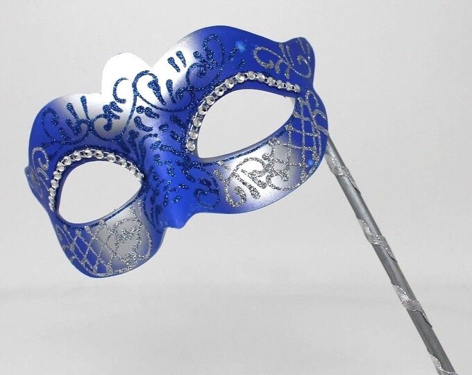 Blue and Silver Diamonte Mask on Stick