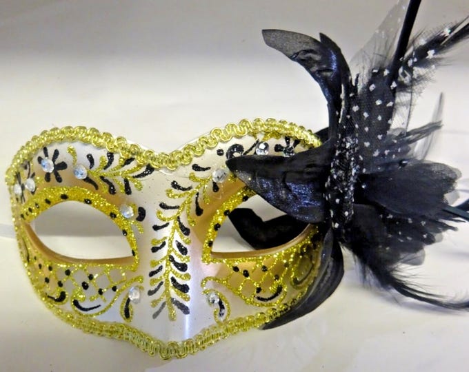 Black, Gold and Pearlised Ivory Masquerade Ball Party Eye Mask with Flower