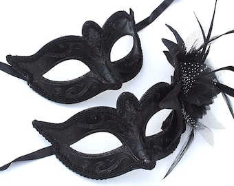 Black His n Hers Couples Masquerade Masks with Flower