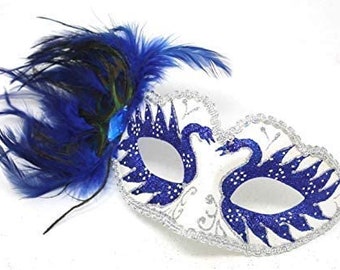 Pretty Blue and Silver Peacock Feather Masquerade Party Ball Mask