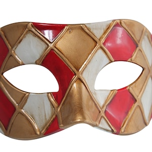 Red and Antique Gold Harlequin Masquerade Mask for Masked Ball