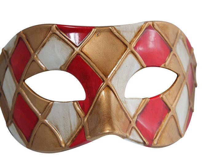 Red and Antique Gold Harlequin Masquerade Mask for Masked Ball