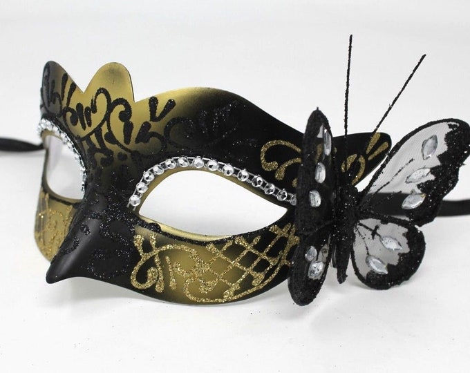 Black and Gold Masquerade Mask with Black Butterfly Details