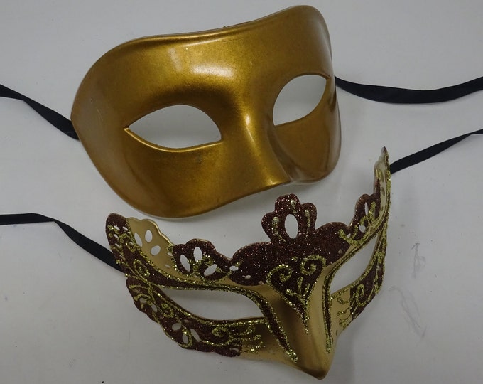 His and Hers Brown and Gold Pair of Male and Female Couples Masquerade Party Ball Masks