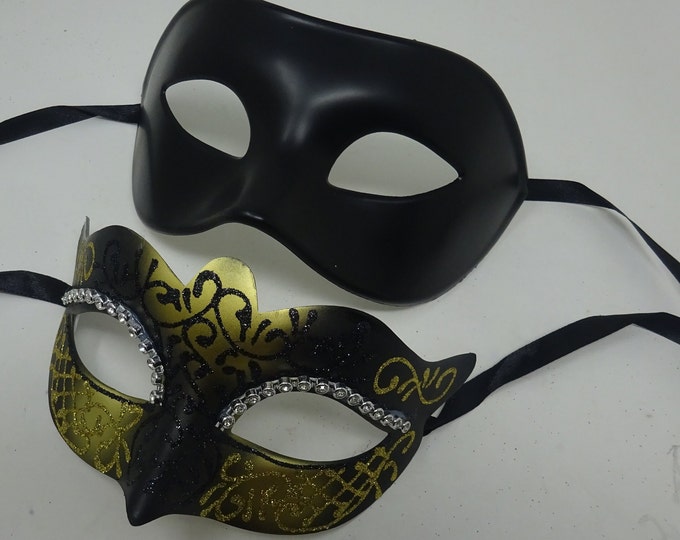 His and Hers Black and Gold Pair of Male and Female Couples Masquerade Masks