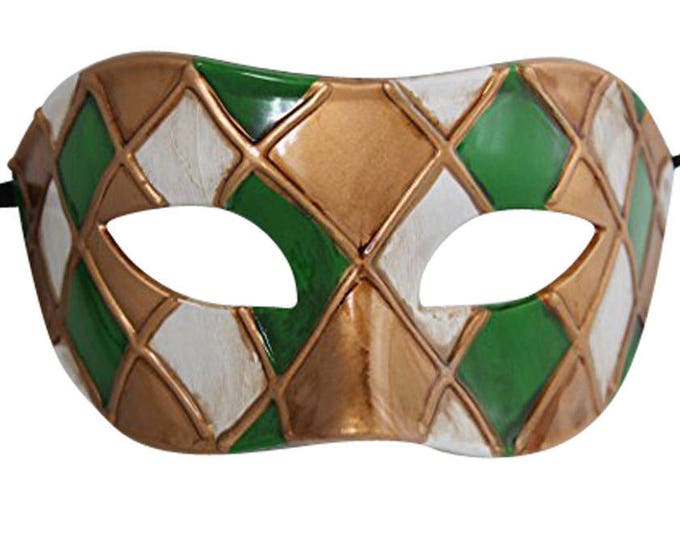 Green and Antique Gold Harlequin Masquerade Mask for Masked Ball