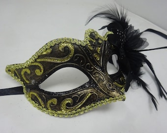 Black, Bronze and Gold Venetian Masquerade Party Ball Prom Eye Mask with Flower
