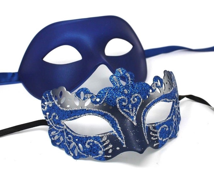 Blue and Silver His and Hers Couple Masquerade Masks