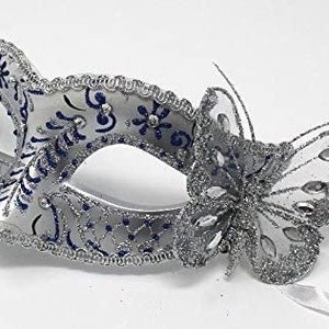 Ladies Blue and Silver Masquerade Ball Carnival Party Eye Mask avec papillon