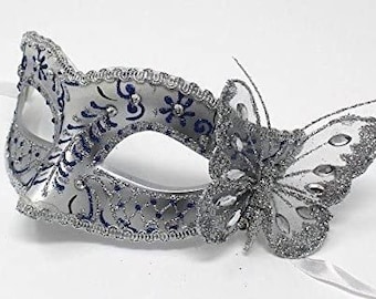 Ladies Blue and Silver Masquerade Ball Carnival Party Eye Mask with Butterfly