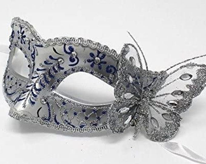 Ladies Blue and Silver Masquerade Ball Carnival Party Eye Mask with Butterfly