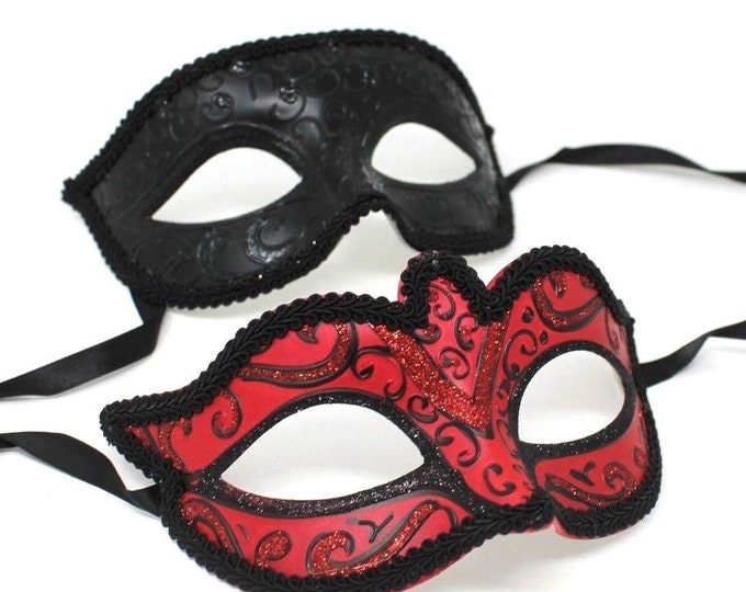 Black & Red Pair of Male and Female Couples Masquerade Masks