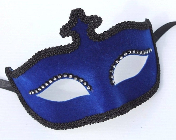 Blue Velour and Diamonte Masquerade Mask