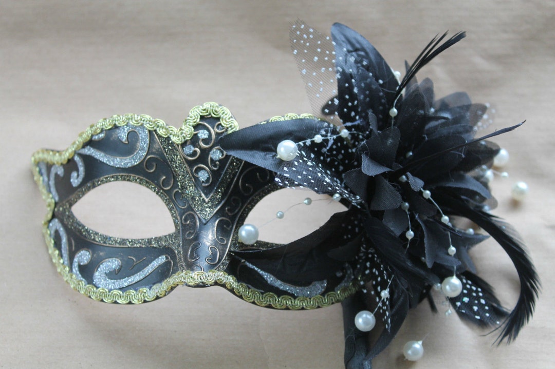 Stunning Black, Bronze Silver and Gold Masquerade Mask on a Black Stick ...