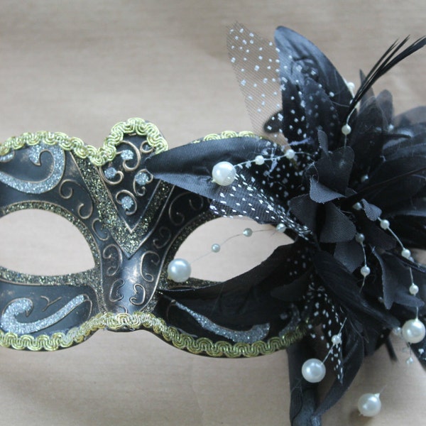 Stunning Black, Bronze Silver and Gold Masquerade Mask on a Black Stick with Flower and Pearl Detail