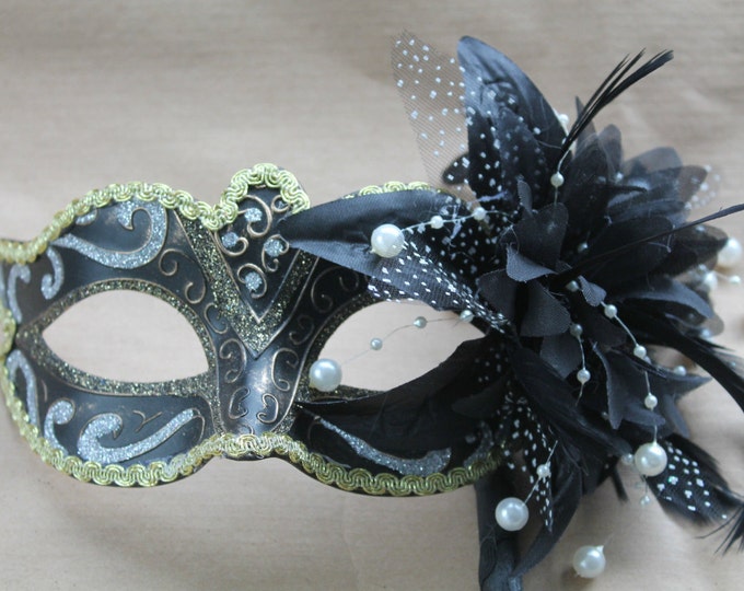 Stunning Black, Bronze Silver and Gold Masquerade Mask on a Black Stick with Flower and Pearl Detail