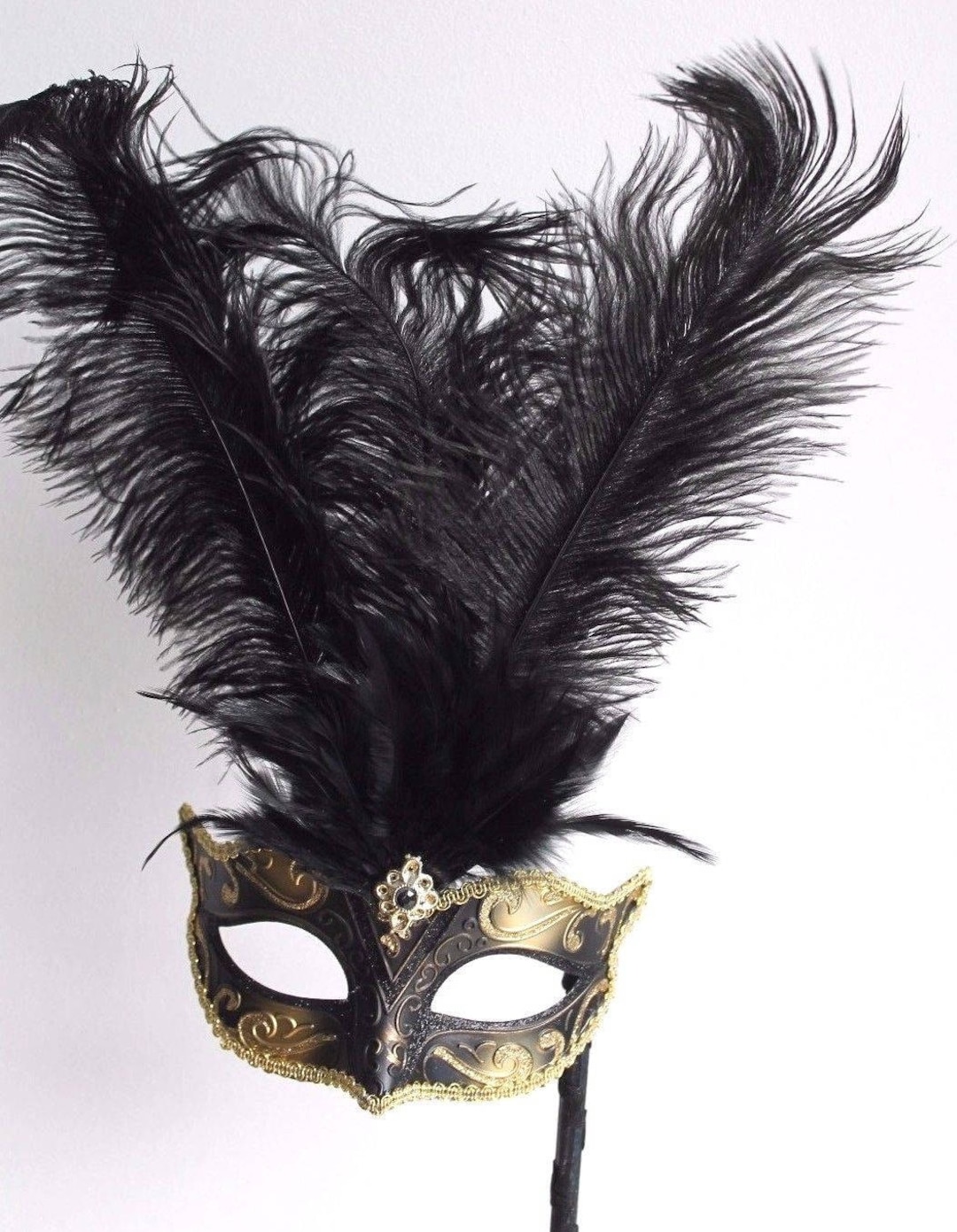 Black & Gold Tall Feather Mask on a Stick - Etsy