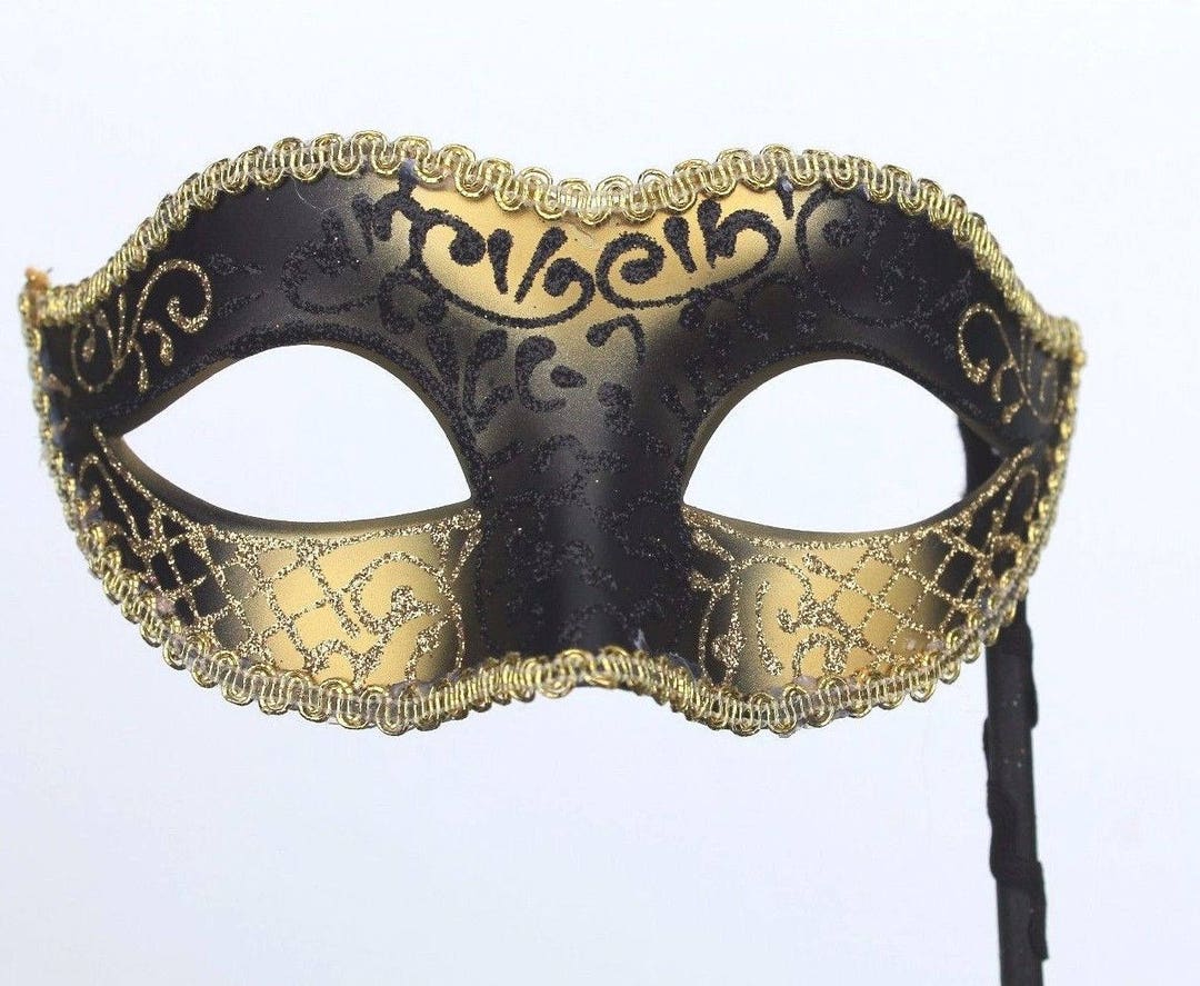 Glittering Black and Gold Masquerade Mask on a Black Stick - Etsy