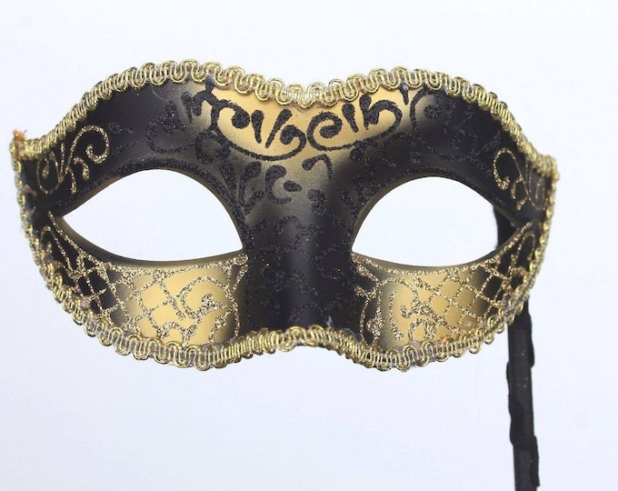 Glittering Black and Gold Masquerade Mask on a Black Stick