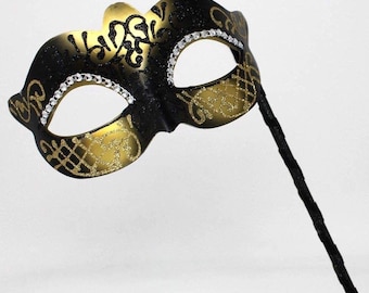 Hand Held Ladies Jewelled Glittering Black and Gold Masquerade Prom Party Ball Carnival Mask on a Stick