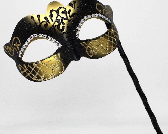 Hand Held Ladies Jewelled Glittering Black and Gold Masquerade Prom Party Ball Carnival Mask on a Stick