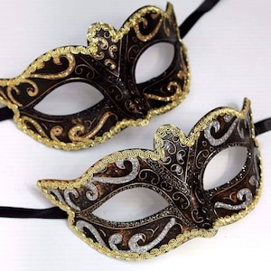 Black, gold and bronze his and hers couples pair of masquerade masks