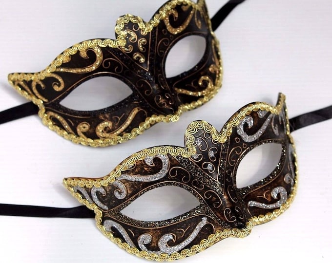 Black, gold and bronze his and hers couples pair of masquerade masks