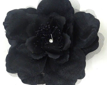 Hair Fascinator Corsage and Brooch Black Fabric Flower with Decorative Beaded Stamens and Diamonte - Clip & Pin Fastening