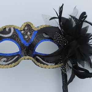 Stunning Blue, Black, Bronze Silver and Gold Masquerade Mask on a Black Stick