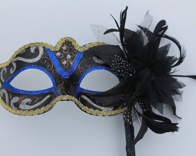 Stunning Blue, Black, Bronze Silver and Gold Masquerade Mask on a Black Stick