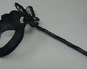 Black Venetian Masquerade Ball Party Carnival Mask with Black Butterfly Details on a Hand Held Stick