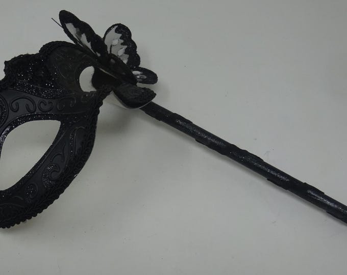 Black Venetian Masquerade Ball Party Carnival Mask with Black Butterfly Details on a Hand Held Stick