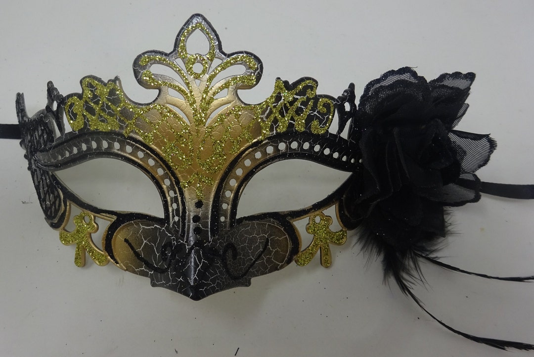 Black and Gold Rialto Masquerade Ball Carnival Party Mask With Flower Etsy UK
