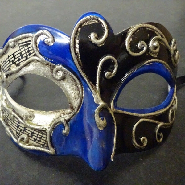 Blue Silver and Black Musical Masquerade Mask for Masked Ball with Musical Notes Script