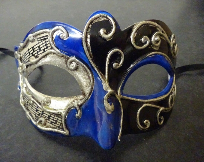 Blue Silver and Black Musical Venetian Masquerade Mask for Masked Ball with Musical Notes Script