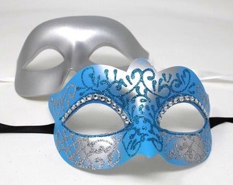 Turquoise and Silver Pair of Male and Female Couples Masquerade Masks