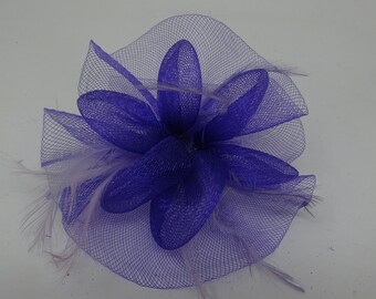 Hair Fascinator Purple Lilac Feathers and Stiffened Net Fabric Floral Design - Clip & Pin Fastening