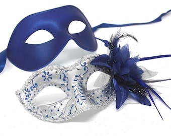 Blue and Silver Flower His and Hers Couple Masquerade Masks