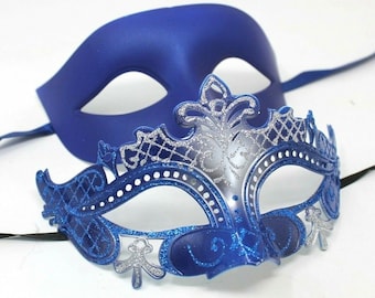 Blue and Silver His and Hers Couple Masquerade Masks