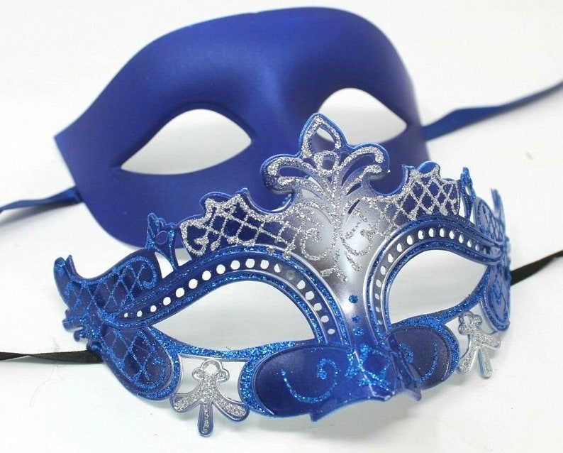 Blue and Silver His and Hers Couple Masquerade Masks