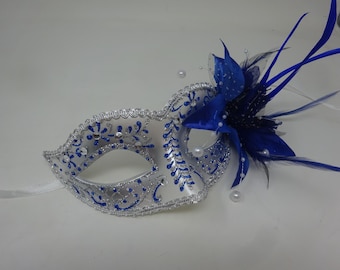 Blue and Silver Masquerade Mask with Flower Long Slim Feathers Beaded Stamens and Organza Enhanced with Clear Jewels