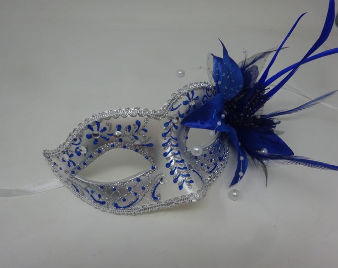 Blue and Silver Masquerade Mask with Flower Long Slim Feathers Beaded Stamens and Organza Enhanced with Clear Jewels