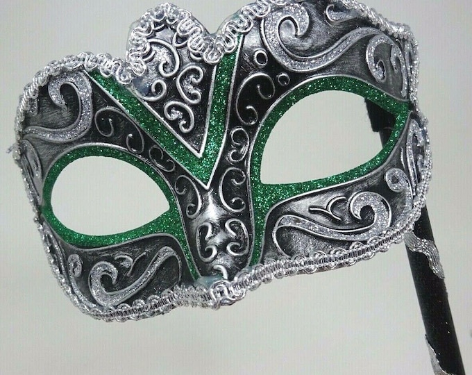 Stunning Green Black and Silver Masquerade Mask on a Black Stick with Silver Braid