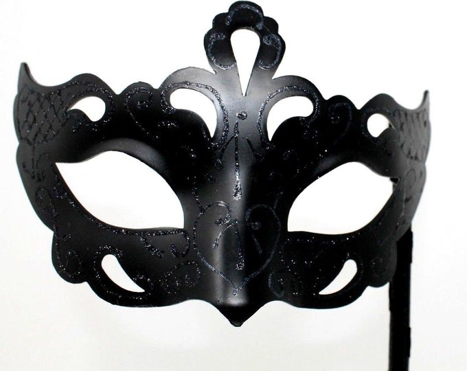 Stunning Black Masquerade Mask on a Black Stick