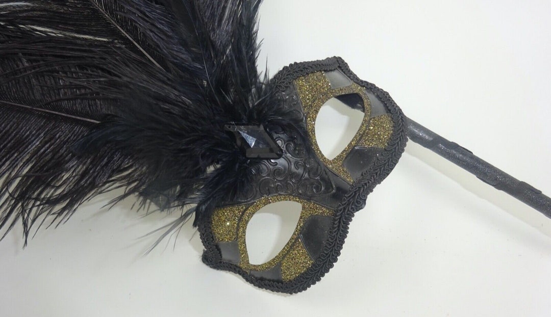 Ladies Black and Gold Masquerade Carnival Mask With Long Feathers and ...