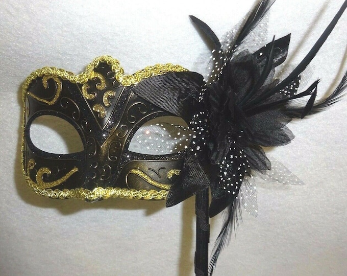 Stunning Black Bronze and Gold Masquerade Mask on a Black Stick with Flower