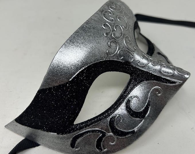 Mens or Ladies Silver, Black and Antique Blue Flick Masquerade Mask