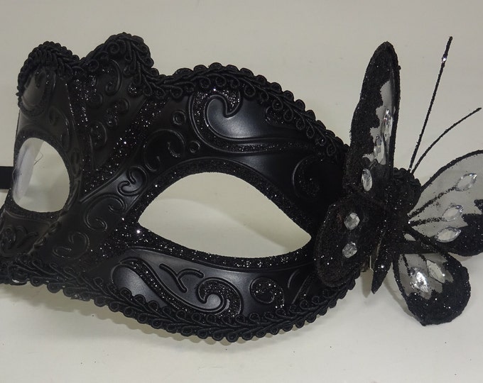 Black Venetian Masquerade Ball Party Carnival Mask with Black Butterfly Details